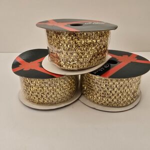Vintage Gold Glitter Ribbon Spools Christmas Decor Set Of 3